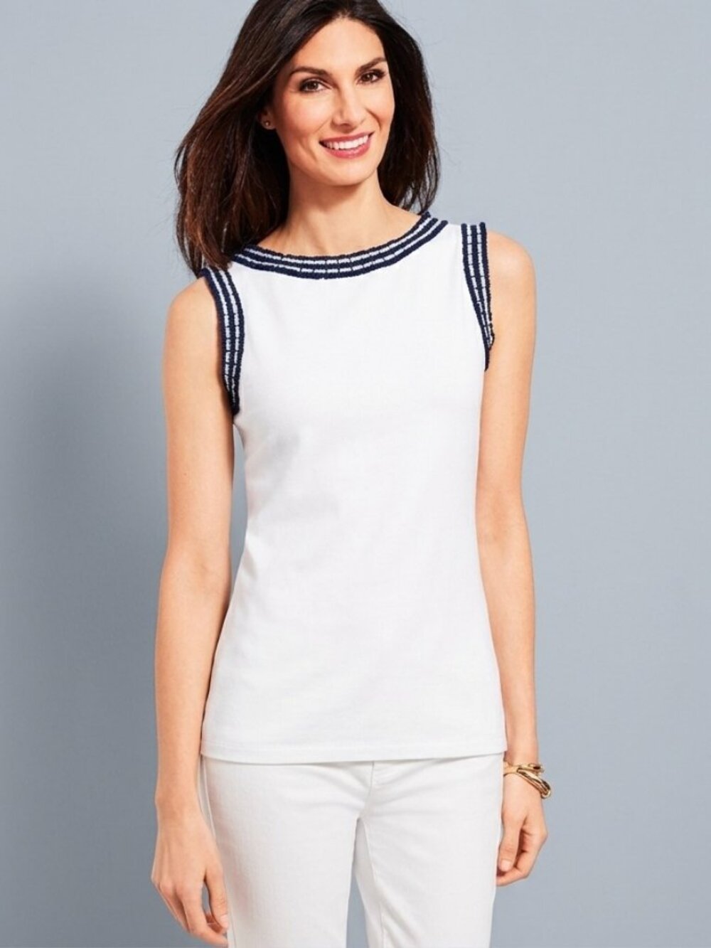 Talbots Grosgrain Ribbon Trim Shell Sleeveless Tank Top M White Office Layering